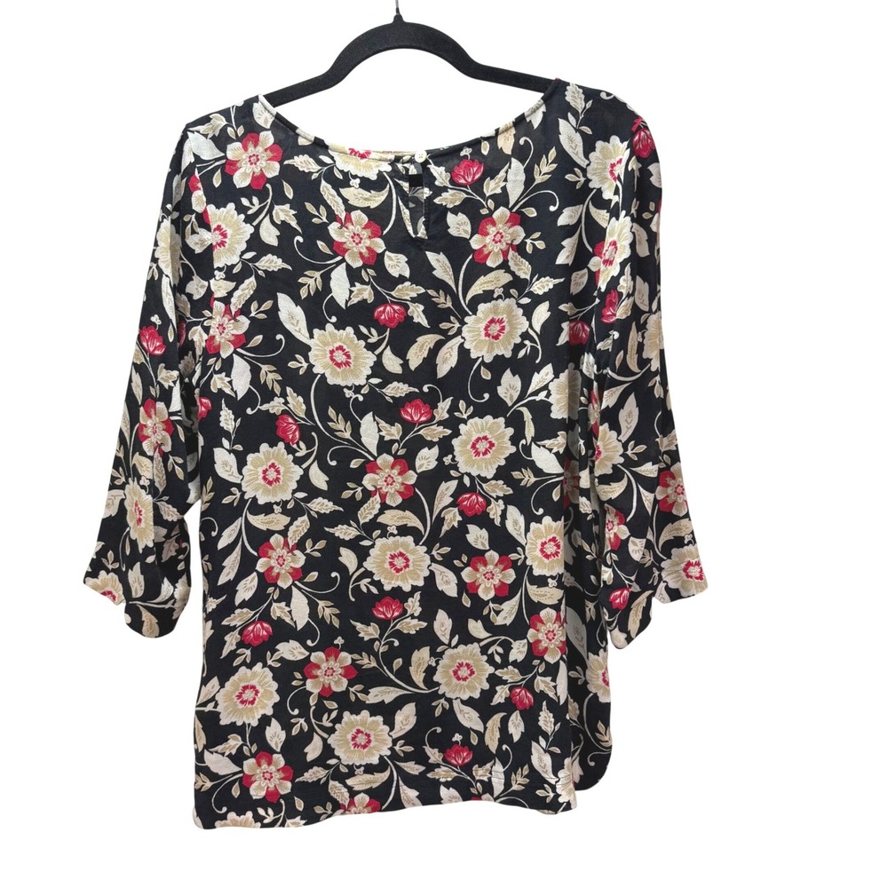 J Jill Black Floral 3/4 Sleeve Pullover Blouse Size Small Career Boho Workwear - Picture 2 of 9